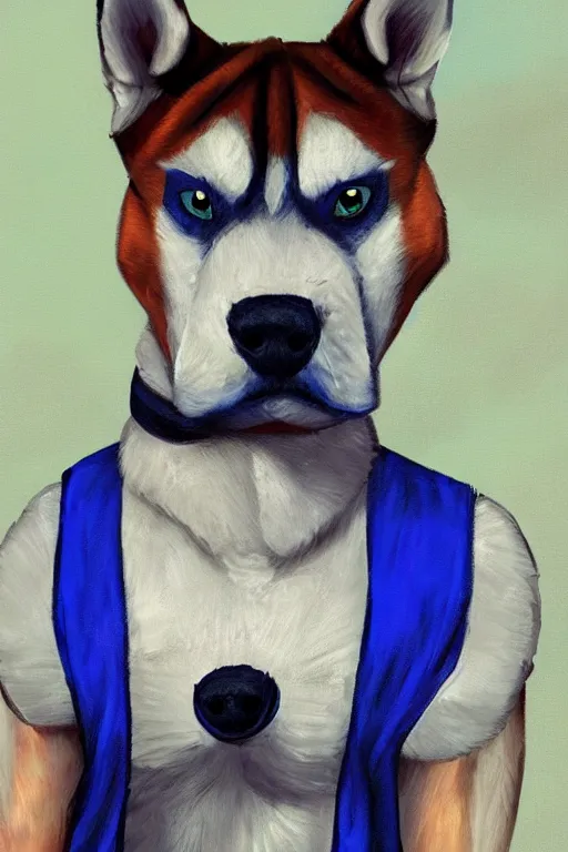 Image similar to a character design of a husky boxer in blue vest, portrait painting, anime, humanoid, anthropomorphic, personify, furry