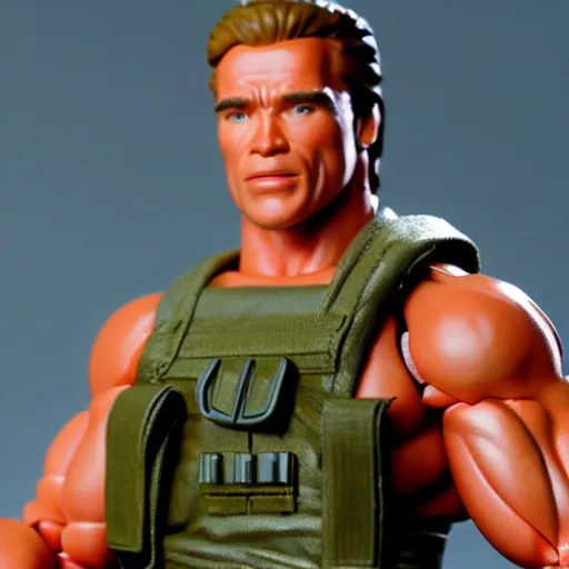 Image similar to a 12 inch action figure of Arnold Schwarzenegger from Commando. Big muscles. Holding an automatic rifle in his hands. Plastic shiny. Full body