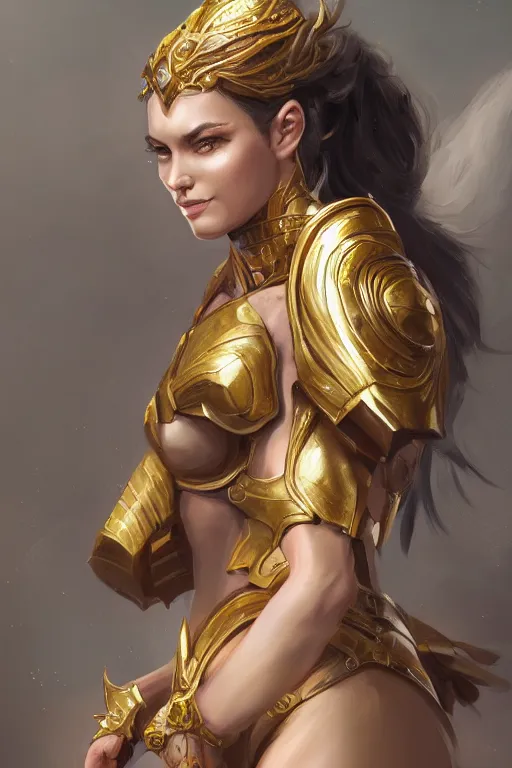 Image similar to three-quarters portrait pose of a beautiful woman, strong body, shining gold armor, human warrior, fantasy, intricate, elegant, highly detailed, digital painting, artstation, concept art, matte, sharp focus,D&D, illustration, art by Stanley Lau