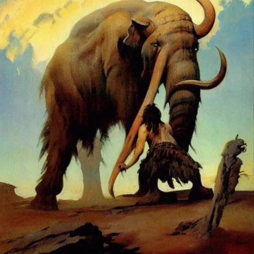 Prompt: a mammoth threatening a girl, detailed oil painting by Frank Frazetta