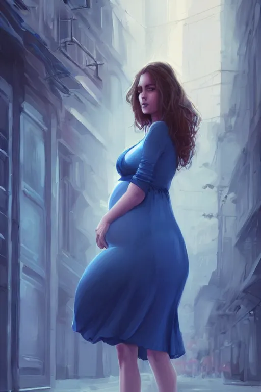 Prompt: pregnant woman in a small blue dress on night street, highly detailed, sharp focused, ultra realistic digital concept art by Charlie Bowater