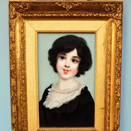 Prompt: antique daguerrotipe portrait of a beautiful girl, black hair, clear eyes, open smile