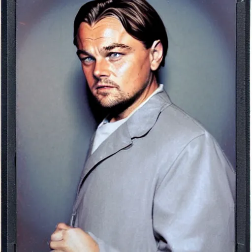 Image similar to sad Leonardo DiCaprio dressed in hev suit from half-life 2 in laboratory background, polaroid photo, very detailed