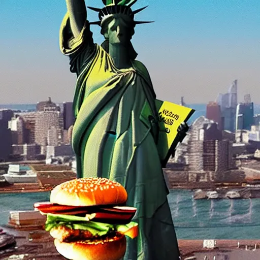 Image similar to the statue of liberty holding a burger realistic