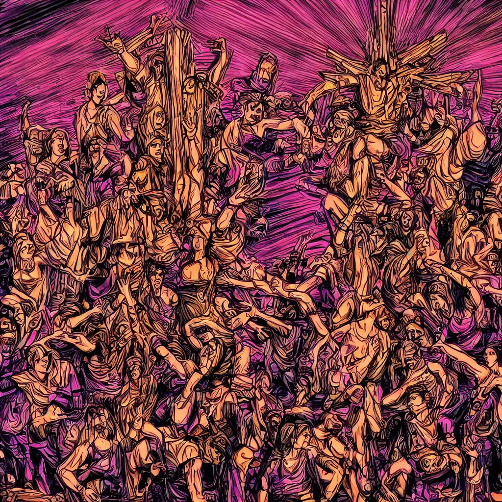 Image similar to a wooden slavic totem of piorun god surrounded by dancing people, synthwave style digital art picture