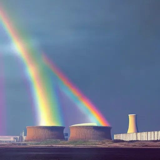 Image similar to A Masterpiece Landscape of a broken down nuclear power station, Nuclear blast imminent, nuclear reactor going critical. Rainbow Color Scheme