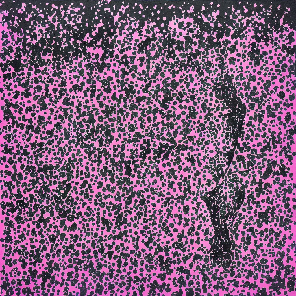 Image similar to camo made of out teeth, smiling, abstract, maya bloch artwork, pink convertible, do hoang tuong artwork, cryptic, dots, stipple, lines, splotch, color tearing, pitch bending, faceless people, dark, ominous, eerie, minimal, points, technical, old painting