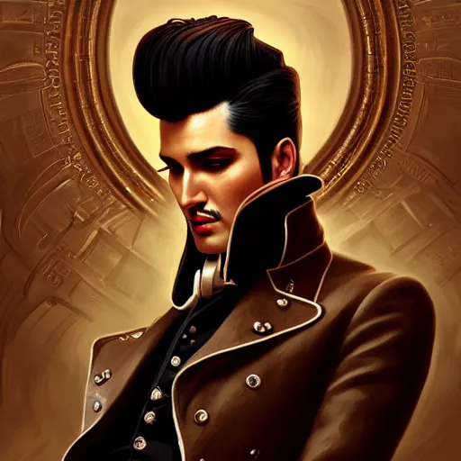 Image similar to a cinematic portrait scene male steampunk elvis presley, intricate, elegant, highly detailed, digital painting, artstation, concept art, smooth, sharp focus, illustration, art by artgerm and greg rutkowski and alphonse mucha