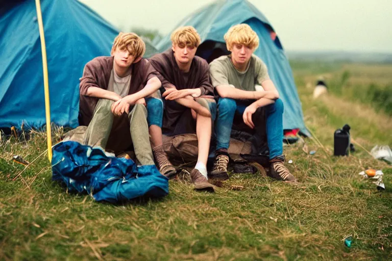 Image similar to candid photo of 3 teenagers camping at Glastonbury, UK, Kodak Portra 200,8K,highly detailed: beautiful perspective closeup environmental portrait photo in style of 2000s retrofuturism, cinema lighting , by beksinski, photography fashion edition, tilt shift, highly detailed, focus on man ;blonde hair;blue eyes, clear eyes, soft lighting