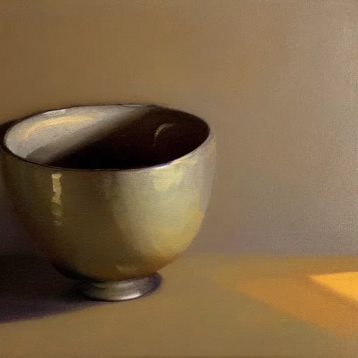 Image similar to a robotic soup bowl, oil painting, pale colors, high detail, 8 k, wide angle, trending on artstation,