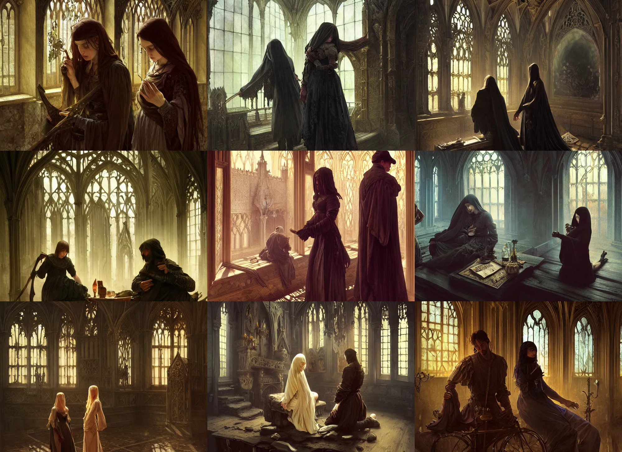 Prompt: two tramps in gothic interior, emotional sad painting, very poor, medieval peasants, fantasy, cruel, dramatic lighting, intricate, wild, highly detailed, digital painting, artstation, concept art, smooth, sharp focus, illustration, art by artgerm and greg rutkowski and alphonse mucha