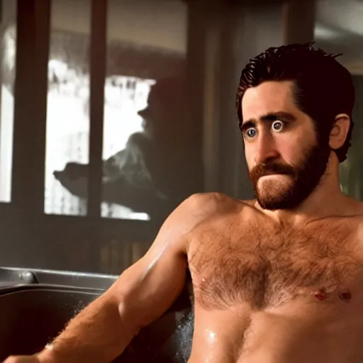 Image similar to a movie poster of cowboy Jake Gyllenhaal sitting in a hot tub