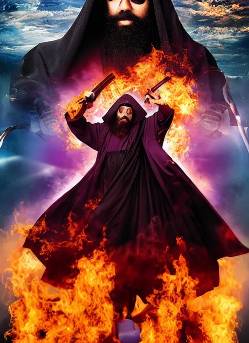 Image similar to action movie poster of an ultra orthodox bearded Christian priest wearing a deep purple robe with cloak, holding a machete. with an explosion behind him.