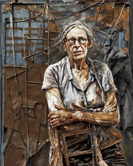 Prompt: a full length portrait of a very ordinary old woman with a blank expression, Anselm Kiefer and Lucian Freud and Jenny Saville, oil painting, rust, Scaffolding, rusted metal and sunflowers, iron cladding, decay, mixed media, textured, anatomically correct, beautiful perfect face, visible brushstrokes, sharp focus, Highly Detailed, Cinematic Lighting, 8k, HD