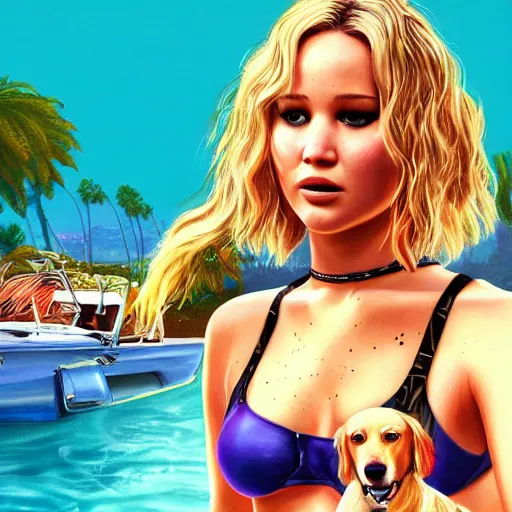 Image similar to highly detailed painting of jennifer lawrence wearing a bikini and her golden retriever dog, gta 5 cover art style, 8 k, radiant light, detailed and intricate environment, trending on artstation