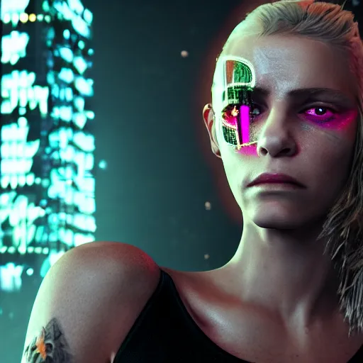 Prompt: Linda Hamilton, neon face tattoo, cyberpunk background, straight hairstyle, white eyes, blonde hair, realistic render, short hair, unreal engine render, Icaro Carvalho