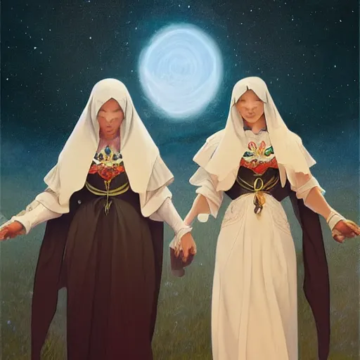 Image similar to two beautiful identical nuns under night sky, full body, intricate, elegant, highly detailed, digital painting, artstation, concept art, smooth, sharp focus, illustration, art by artgerm and greg rutkowski and alphonse mucha, detailed anime art