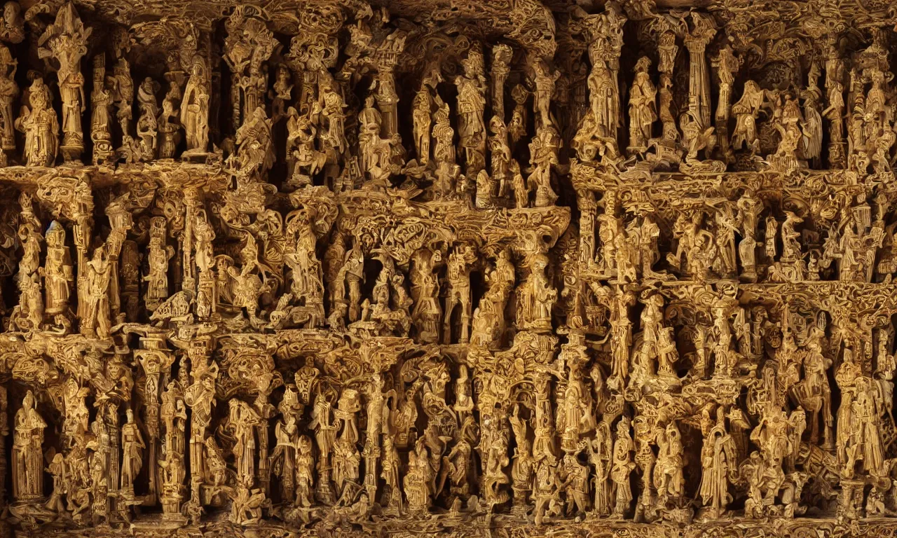 Image similar to giovanna pillaca inside el retablo digital architectural sculptural interior, contains iconographic and inca statues in gold, visually satisfying architecture render