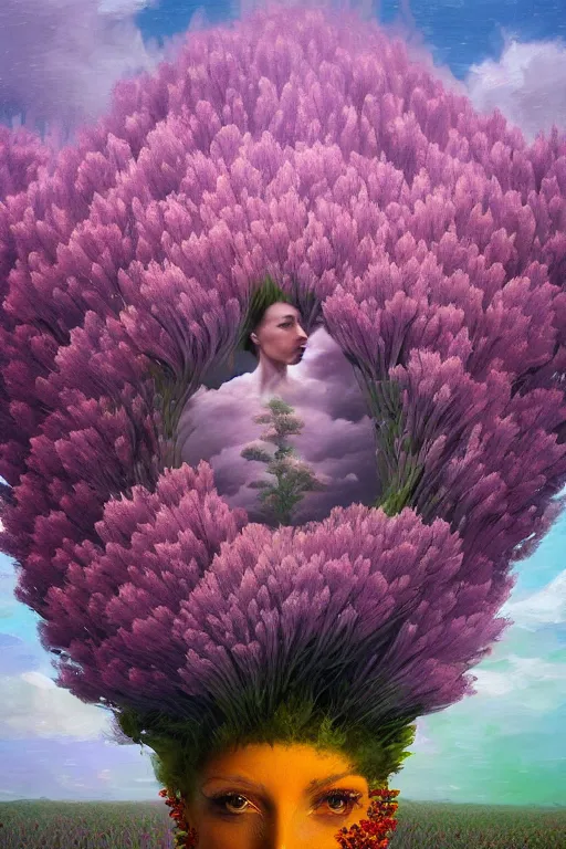 Prompt: closeup, massive flowers as head mohawk, woman in heather field, surreal photography, starlight, storm clouds, impressionist painting, digital painting, artstation, simon stalenhag