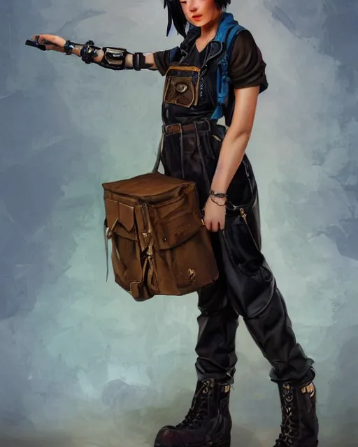 Prompt: a full body portrait of a beautiful androgynous punk girl with short hair and beautiful eyes, beautiful face, wearing tall combat boots, who is a mechanic wearing overalls carrying a bag, digital concept art, detailed digital painting, by j. c. leyendecker and edward blair leighton and charlie bowater, trending on artstation