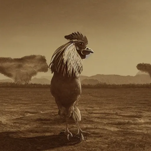 Prompt: An unsanitary rooster stands in the sun shining over a desolate landscape. It's staring at a wall of wooden planks. A man wearing a straw hat and apron stands next to it with his hands on his hips. He has a rope tied around his waist, which he is holding tightly as if to keep himself from falling over. Another man in an old-fashioned leather apron holds a pitchfork, standing next to him. The two men are looking down at a goat that's lying on its side with its legs folded underneath itself and its neck twisted.