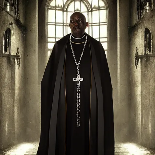 Prompt: a highly realistic and detailed full Priest in black standing in a dark dirty basement holding a rosary, wide angle 70mm lens, volumetric haze, front facing camera, symmetrical, photorealistic, insanely detailed and intricate, epic, hyper realistic, elegant, ornate, elite, horror, creepy, ominous, haunting, cinematic lighting, unreal engine, cinematic centered camera, high detail, no blur, unreal engine 8k