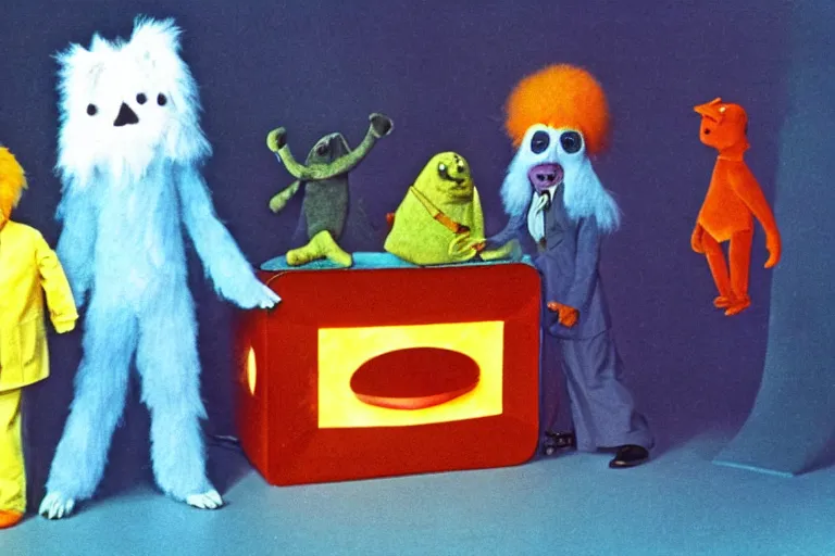 Prompt: color still frame from a surreal 1979 children's tv show with furry ghost, captain dad, and sad cheese puppet playing in a band