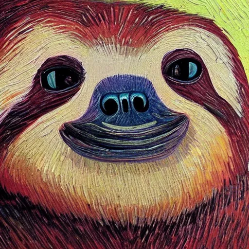 Image similar to a beautiful oil painting of a sloth's face in the style of van Gogh