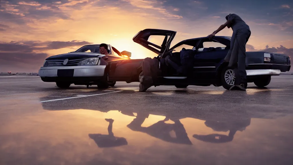 Image similar to movie still of a man laying on top of a car driving on the runway of an airport, sunset, golden hour