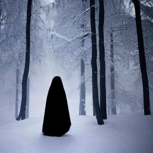 Image similar to lady dressed in a long black robe standing in the shadows of a snowy forest at night