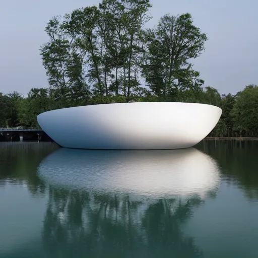 Prompt: white bubble cluster building, on the calm water, designed by antti lovag