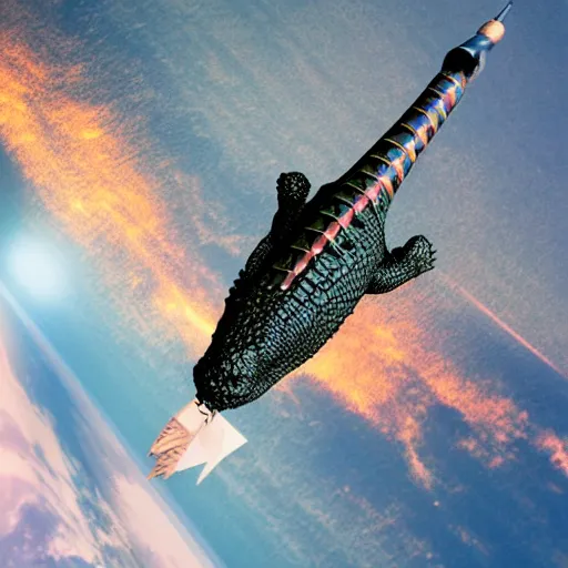 Image similar to Alligator flying a rocket in space over Cape Canaveral