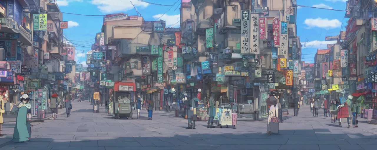 Prompt: A screenshot of the seoul city street in the scene in the Ghibli anime film, pretty rim highlights and specular