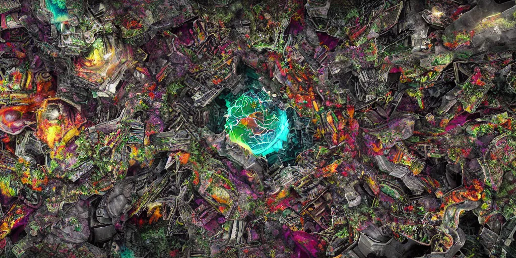 Image similar to ruination, outright devastation, landscape, intricate complexity, horror, rainbow drip paint, psychedelic glitch art, trending on art station, photoreal, 8k, octane render