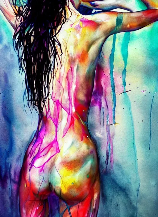 Prompt: sexy gorgeous adriana lima in short by agnes cecile, view from back, bent - over posture, half body portrait, extremely luminous bright design, pastel colours, ink drips, autumn lights