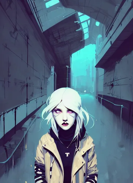 Image similar to highly detailed portrait of a sewer punk lady student, blue eyes, burberry hoodie, white hair by atey ghailan, by greg rutkowski, by greg tocchini, by james gilleard, by joe fenton, by kaethe butcher, gradient blue, black, brown and cyan color scheme, grunge aesthetic!!! ( ( graffiti tag wall background ) )