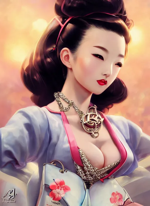 Image similar to a pin up and beautiful fashion dreamlke japan girl with lv jewelry, character art, art by artgerm, wlop, loish, hyperdetailed, 8 k realistic, symmetrical, global illumination, radiant light, frostbite 3 engine, cryengine, dof, trending on artstation, digital art, chanel, dior, detailed background