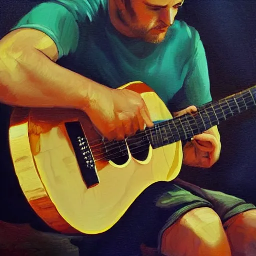 Prompt: andy mckee playing guitar, wonderful expressive portrait painting of youtube musician andy mckee doing his finger tap technique