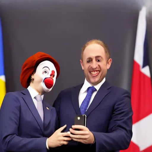 Image similar to a president with clown face taking a selfie in a podium next to an angry first minister