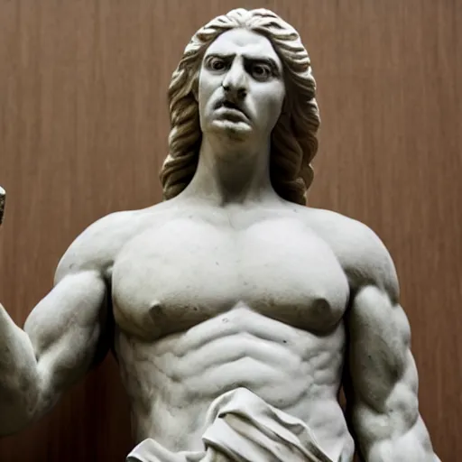 Image similar to Courtroom photograph of a marble statue angry with his attorney