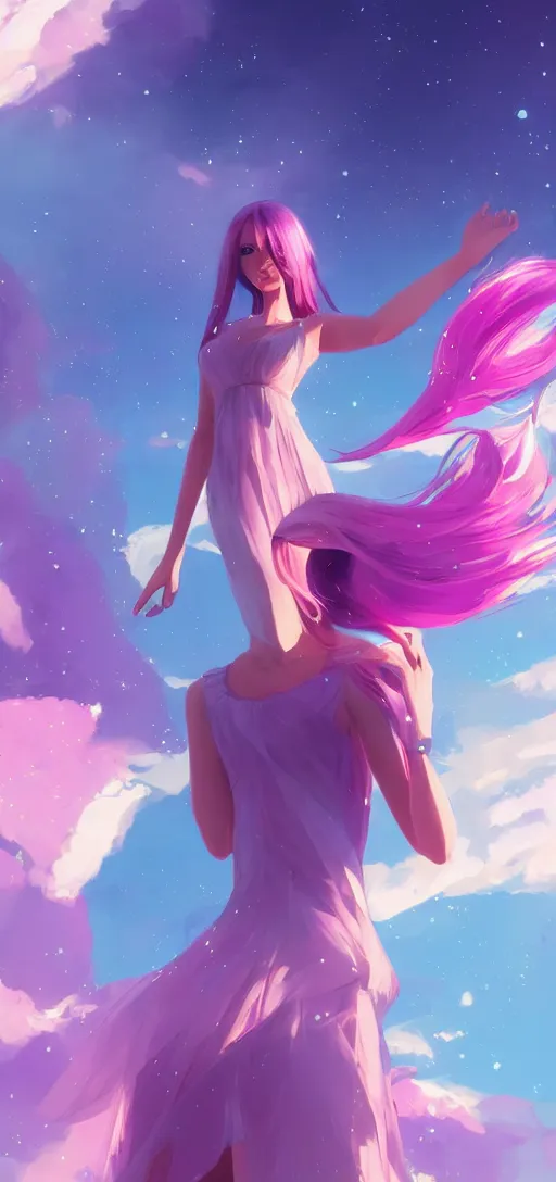 Prompt: beautiful woman floating in space peacefully, crystallized dress, pinks blue an purples, vibrant, extra long hair, full body, wojtek fus, by Makoto Shinkai and Ilya Kuvshinov,