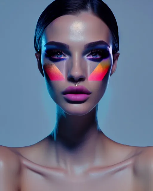 Image similar to beautiful female, attractive facial features, haze, model, intricate, symmetrical face, makeup, sephora, maybelline, studio, reflections, cinematic, filmic, vsco, concept art, artstation, elegant, model, gorgeous, vray, flim, octane render, ambient occlusion, prism details