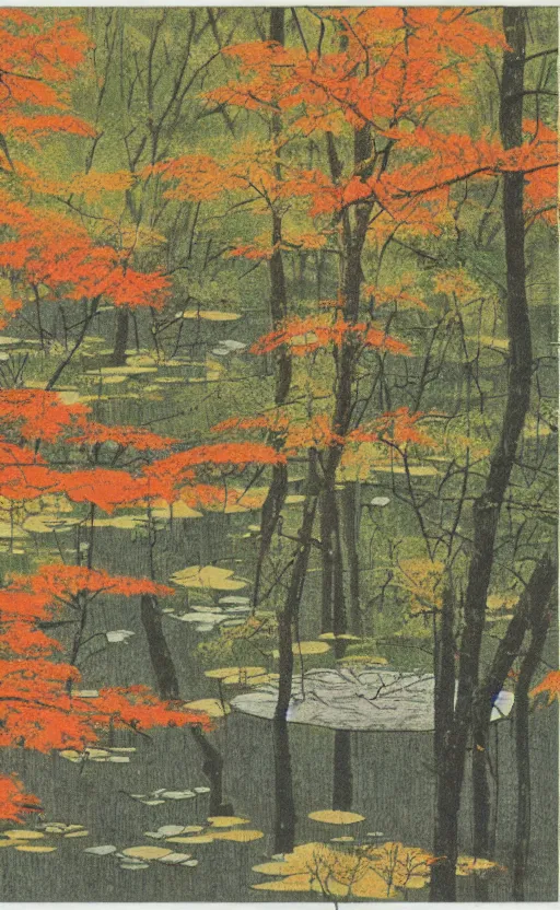 Prompt: by akio watanabe, manga art, a maple forest opens to big water pond, fall season, trading card front