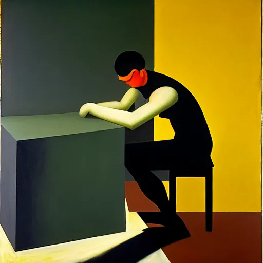 Prompt: melancholic complex suprematism painting of mechanic formed figure working on an sphere machine in height by shag, throwing hard long shadows in complex construct room by edward hopper vibe, liminal space, oil on canvas