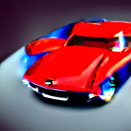 Prompt: Corvette C2 1969, red paint, in a blank studio room. The car is on a perfectly flat floor. Orthographic view at the front of the car.