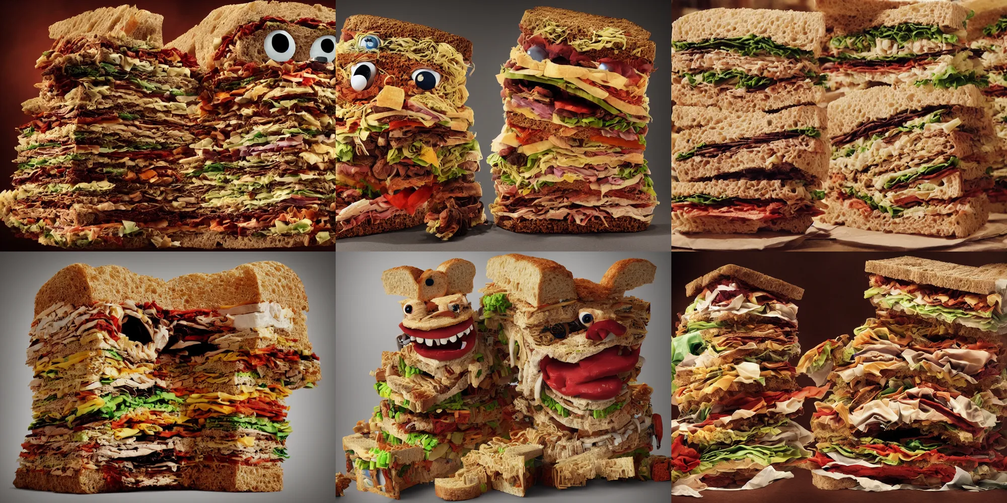 Prompt: an incredibly terrifying monster made out of sandwiches, 4k photorealistic, extremely detailed, high quality, sharp focus, dramatic lighting, scary,