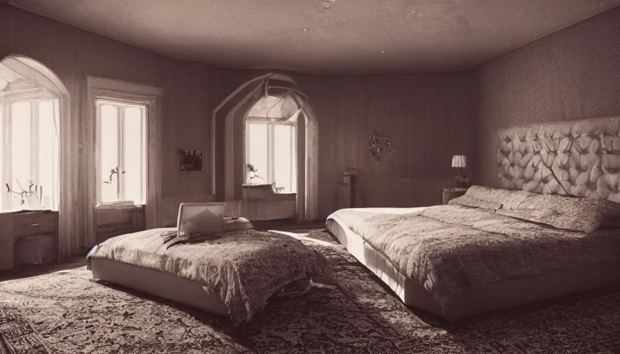 Prompt: A vintage magazine architecture photo of a bedroom in fhloston paradise , refracted lines and sparkles, hyperrealistic 8k uhd, award-winning,