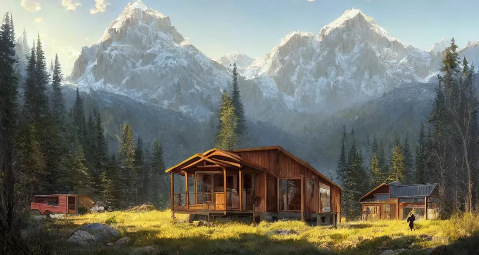 Image similar to cabela's beautiful comfortable community of modular insulated wall container home kit - house all weather family dwelling tent house, person in foreground, mountainous forested wilderness open fields, beautiful views, painterly concept art, environmental concept art, concept art illustration, by james gurney, by craig mullins, by greg rutkowski trending on artstation