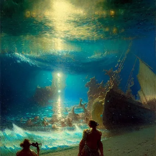 Image similar to point of view of deep in the ocean looking up, you see fishes, higher the milk way, night time, midnight. highly detailed painting by gaston bussiere, greg rutkowski 8 k