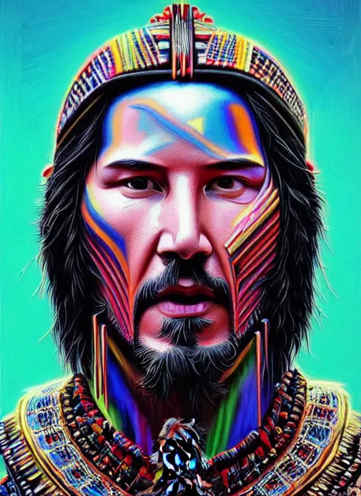 Image similar to portrait of keanu reeves, hyper detailed ultra sharp aztec shaman warrior. trending on artstation, warpaint aesthetic, bloodwave, colorful, psychedelic, ornate, intricate, digital painting, concept art, smooth, sharp focus, illustration, art by artgerm and greg rutkowski and h. r. giger, 8 k